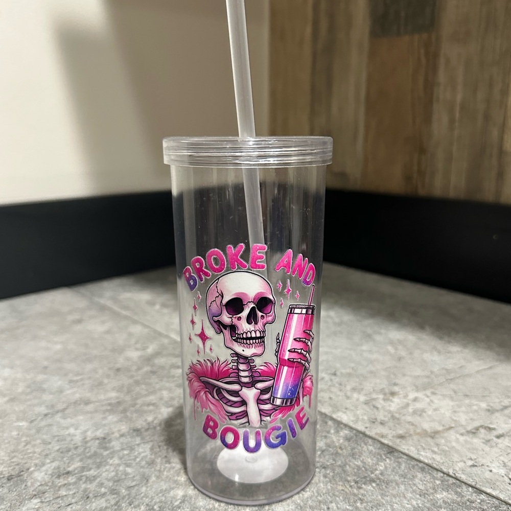 Skeleton “Broke & Bougie” Tumbler with Straw 20oz NWT
